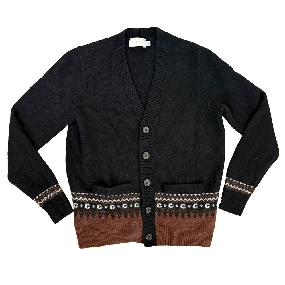 COACH SS24 XS Black Fair Isle Logo Striped V-Neck Cardigan Wool Alpaca